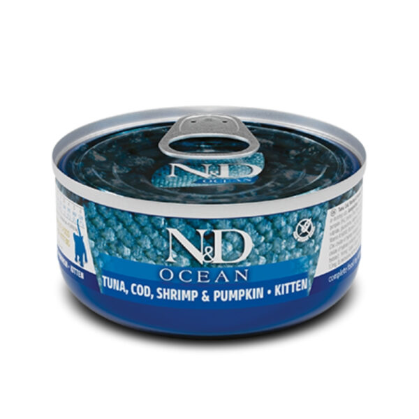ALIMENTO HUMEDO PARA GATO EN LATA N&D OCEAN TUNA, COD, SHRIMP & PUMPKIN KITTEN 70 GR